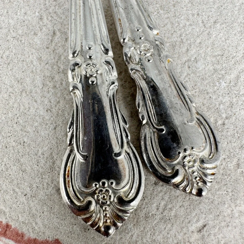 Vintage 4.25 Child Fork Spoon Set Floral Baroque Handle‎ Stainless Japan